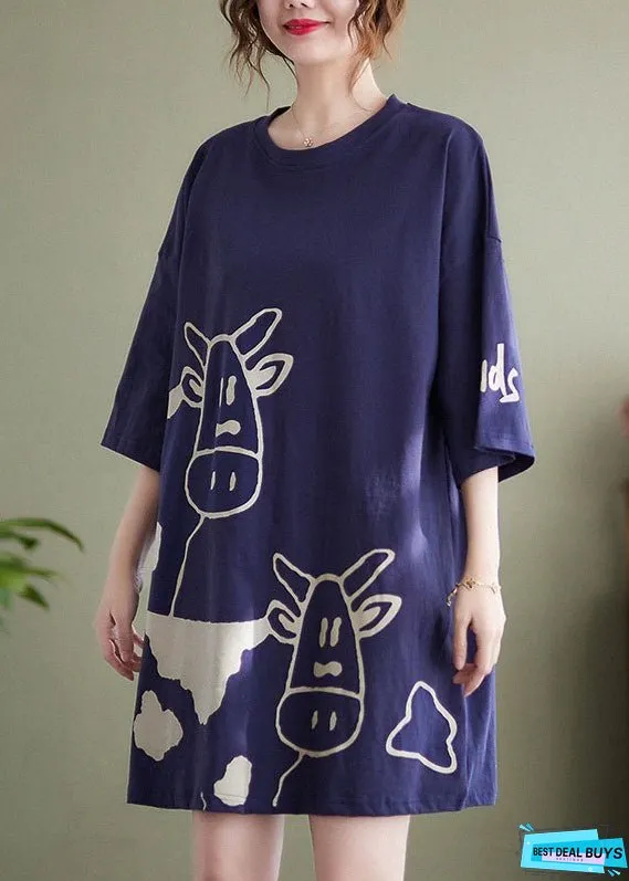 Plus Size Blue O-Neck Cow Print Cotton Vacation Dresses Short Sleeve