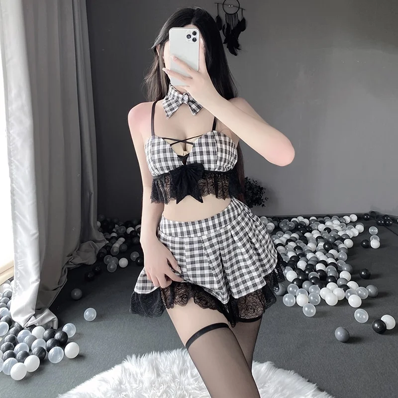 Billionm OJBK Women Schoolgirl Lingerie Roleplay Lingerie Set Girl Plaid Lace Skirt Set Erotic Underwear Costume Sexy Student Uniform New