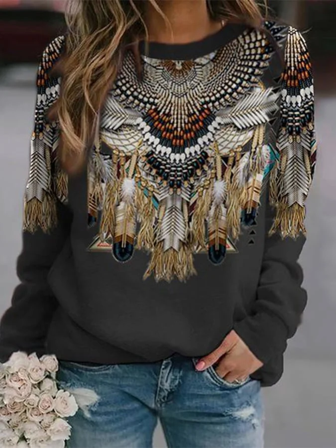 Women'S Retro Printed Loose-Fit Sweatshirts