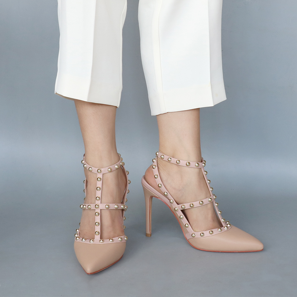100mm Heels Strap Sandals with Pointed Rivets for Women Slingback Pumps Closed Toe Nude Matte Sandals-vocosishoes