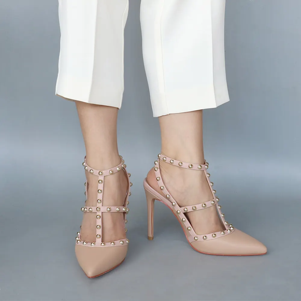 100mm Heels Strap Sandals with Pointed Rivets for Women Slingback Pumps Closed Toe Nude Matte Sandals-vocosishoes