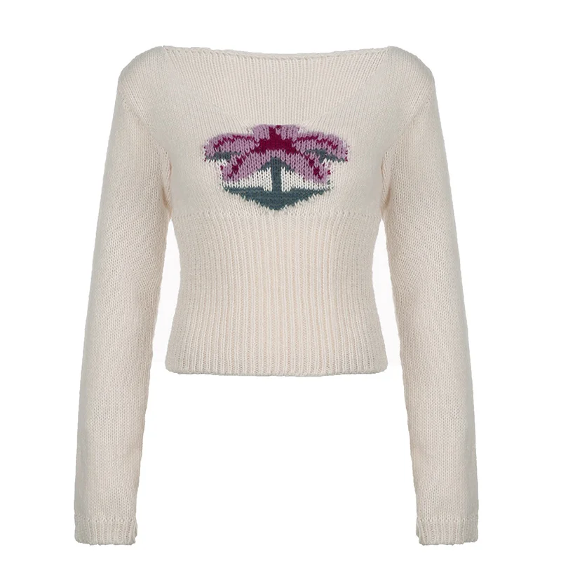 Ueong Spice Girl U-Collar Slim And Thin Woolen T-Shirt 2023 Autumn New Lovely Coconut Pattern Sweater