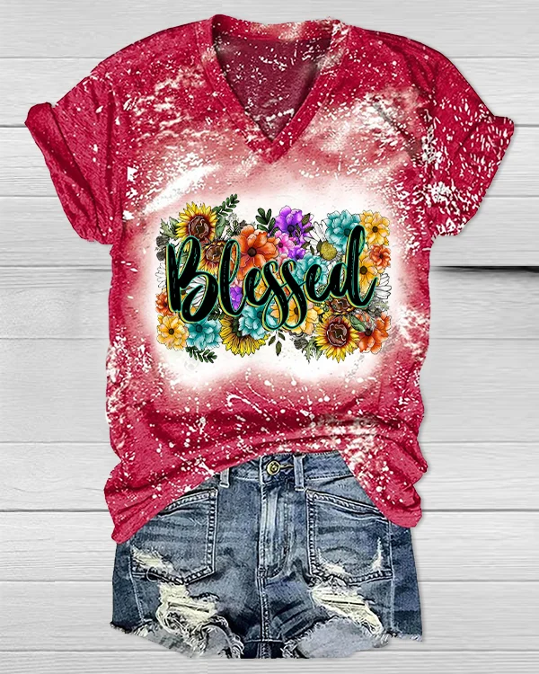 Western Blessed Sunflower Printed V Neck T-shirt