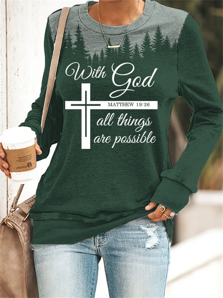 Vefave With God All Things Are Possible Forest Print Sweatshirt