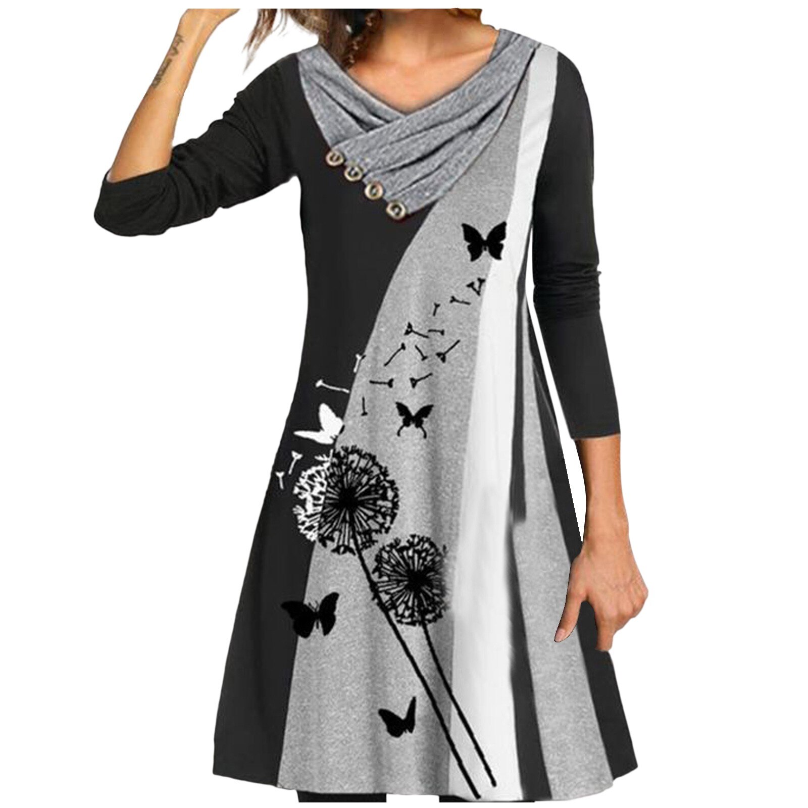 Elegant Dresses For Women's Loose Print Stitching Button Double-layer Collar Long-sleeved Dress