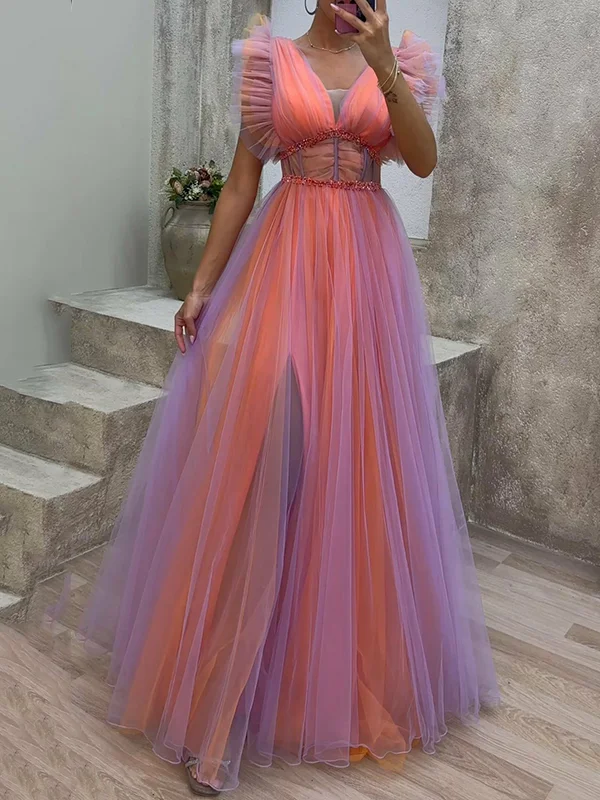 V-Neck Sheer Detail Tulle Evening Dress