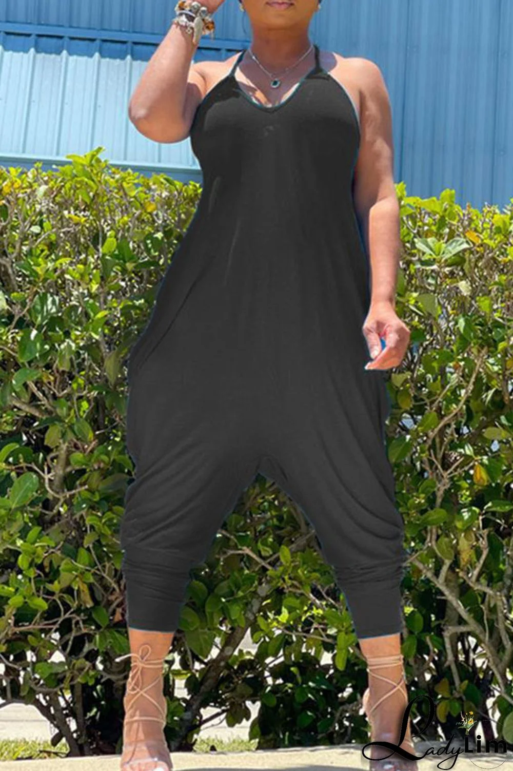 Orange Casual Solid Split Joint O Neck Jumpsuits