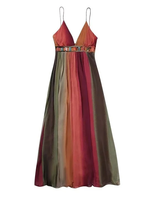 Sexy Backless Slip Long Chiffon Beach Vacation V Neck Holiday Beachwear Dresses