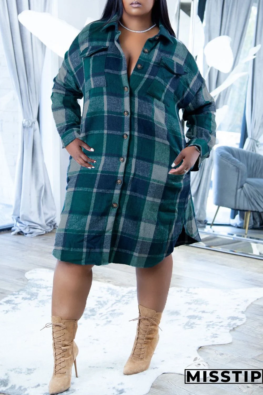 Black Fashion Casual Plaid Print Cardigan Turndown Collar Outerwear