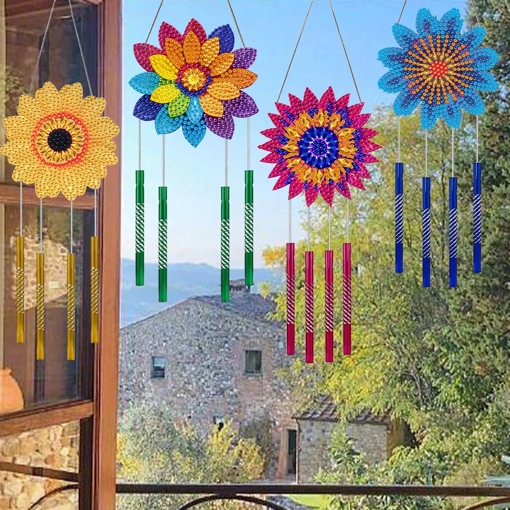 4Pcs Acrylic Colorful Flower Diamond Painting Wind Chimes DIY Crystal Wind Chime