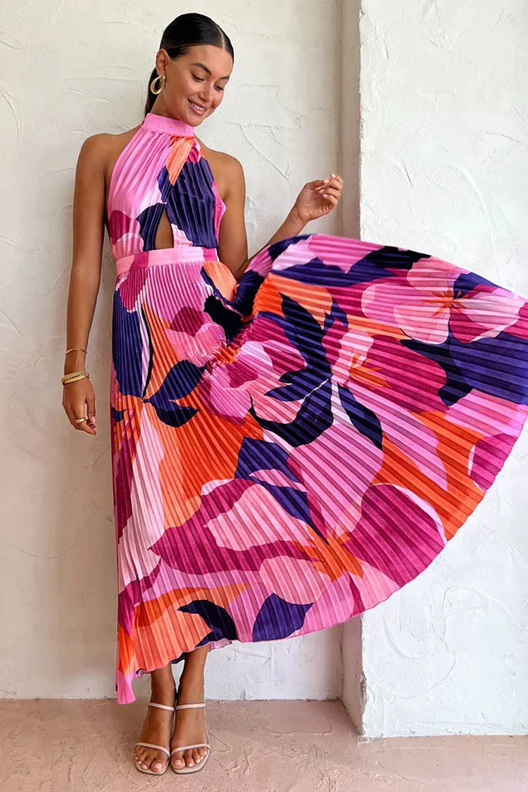 Halter Backless Floral Print Pleated Sleeveless Maxi Dresses