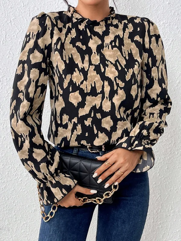 Elasticity Hollow Leopard Flared Sleeves Long Sleeves Mock Neck Blouses&Shirts Tops
