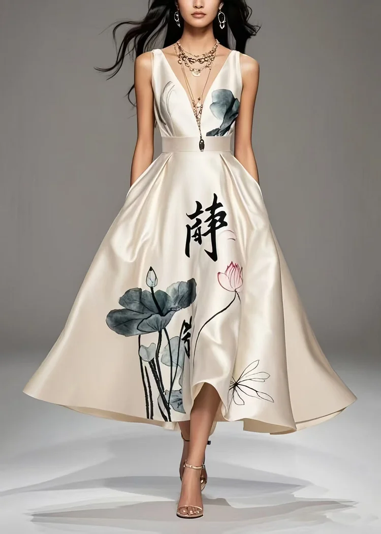 Art Milk White Print Exra Large Hem Silk Cami Dresses Summer