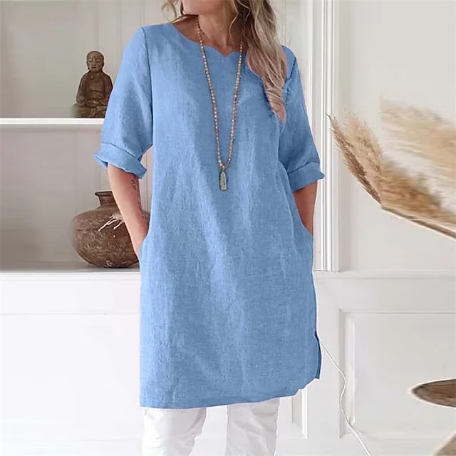 Crewneck Cotton Elegant Tunic Dress VangoghDress