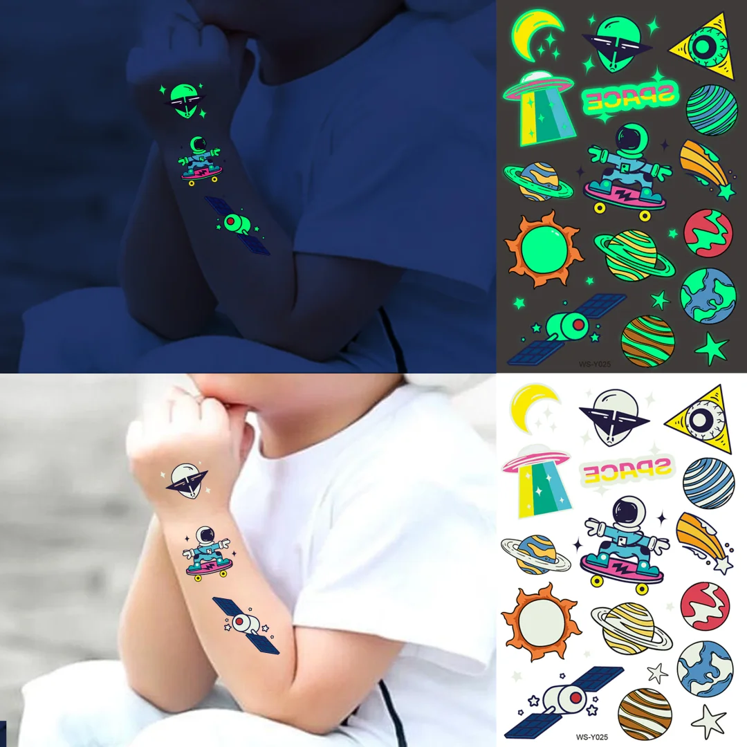 Sdrawing Glow In The Dark Temporary Tattoos For Kids Boys Kids Fake Luminous Tattoo Flash Animal Cartoon Party Favor Set Glowing Zoo