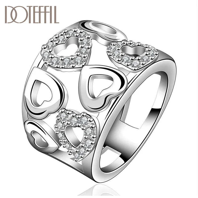 DOTEFFIL 925 Sterling Silver Hollow Heart-Shaped AAA Zircon Ring For Women Jewelry