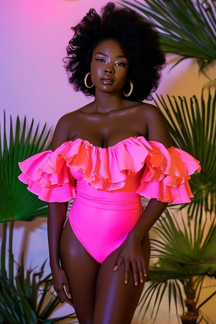 Xpluswear Design Plus Size Beach Hot Pink Off The Shoulder Ruffle Swimsuit Fabric One Pieces Swimwear [Pre-Order] 2024 - Xpluswear