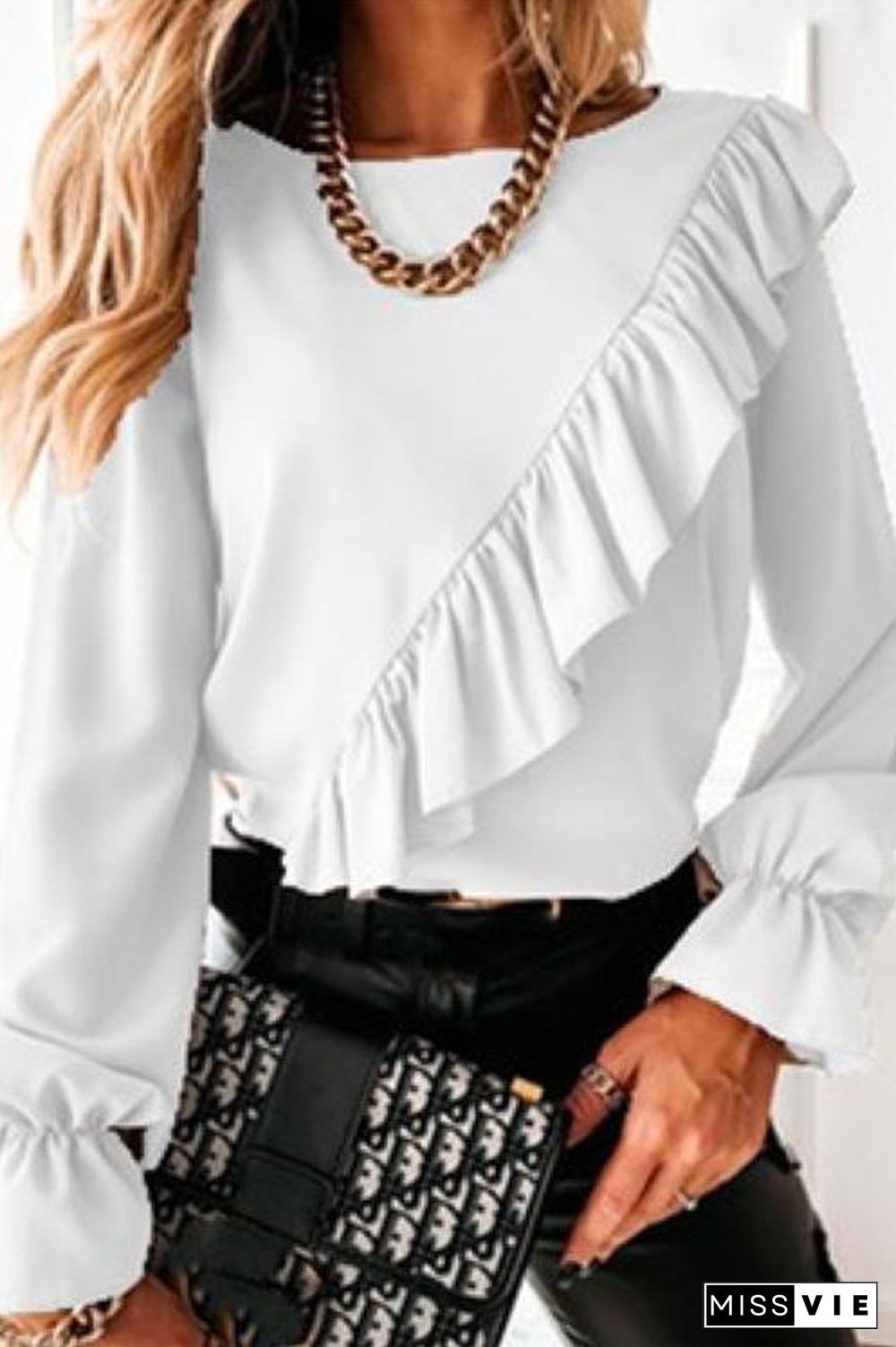 Crewneck Bell Sleeve Ruffle Blouse Shirt