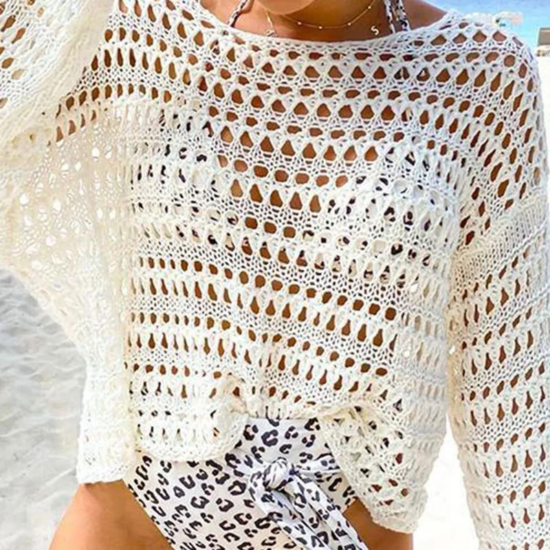 Athvotar Athvotar Hollow Bikini Burqa New Hot White Knitted Loose Beach Blouse Sunscreen