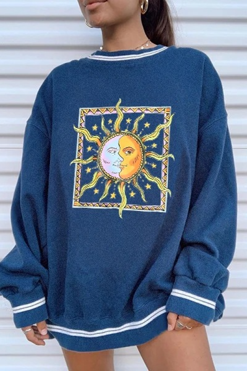Moon Sun Print Round Neck Sweatshirt
