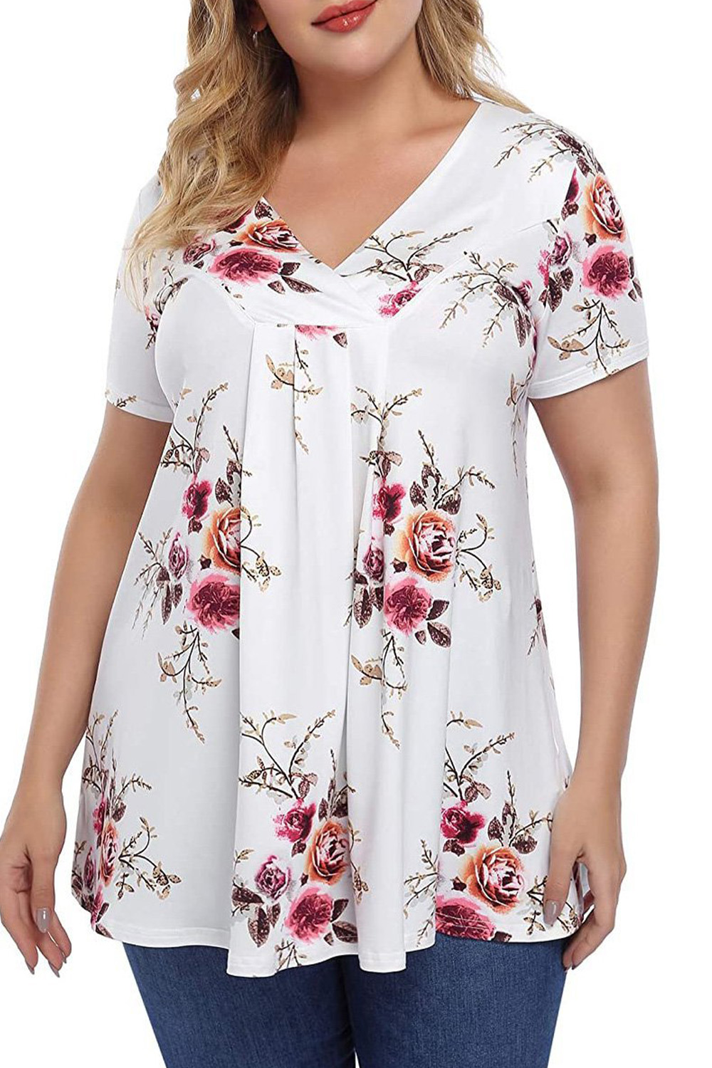 Plus Size Everyday White Floral Print Pleated Blouse 2024 - Flycurvy 