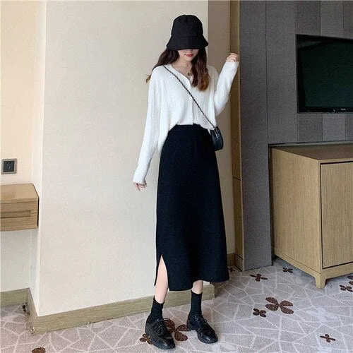 Autumn and Winter 2022 Korean Long Back Slit Skirt Hip Skirts All-match High Waist Slimming Black Knitted Skirt Women