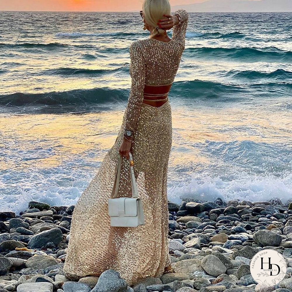 Spring Sequins Shiny Two-piece Suit Women Sexy Deep V Neck Bandage Crop Top And High Waist Skirts Set Autumn Slim Office Outfits