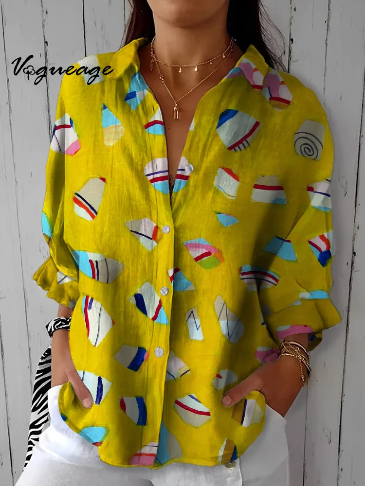 Fashionable Bright Creative Pattern Printed Cotton And Linen Shirt