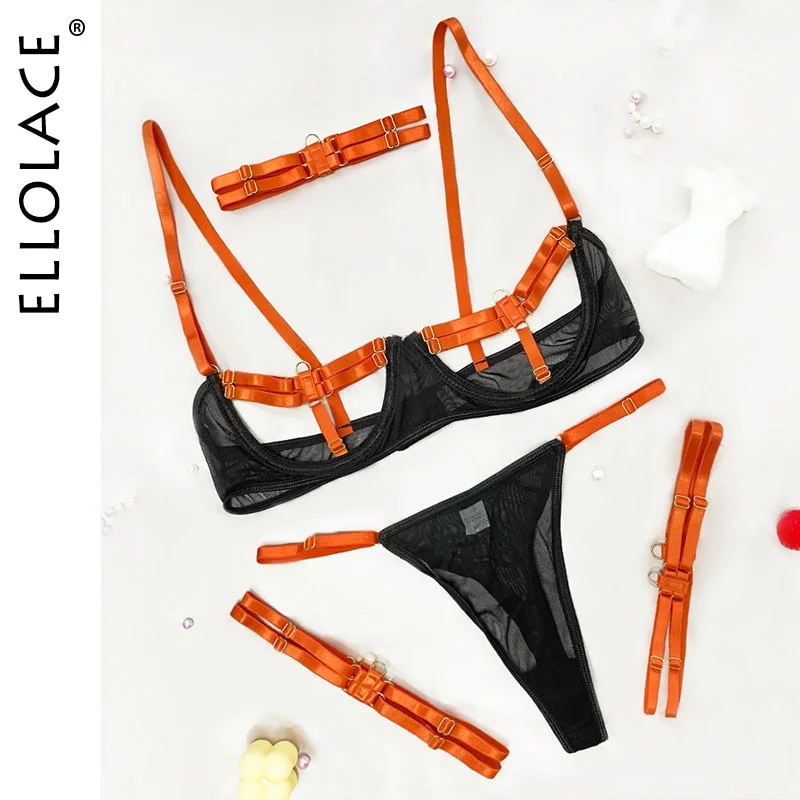 Ellolace Lingerie Sexy Hollow Out 4-Piece Exotic Costumes Sensual See Through Outfits For Woman Neon Green Porn Bottom Whore