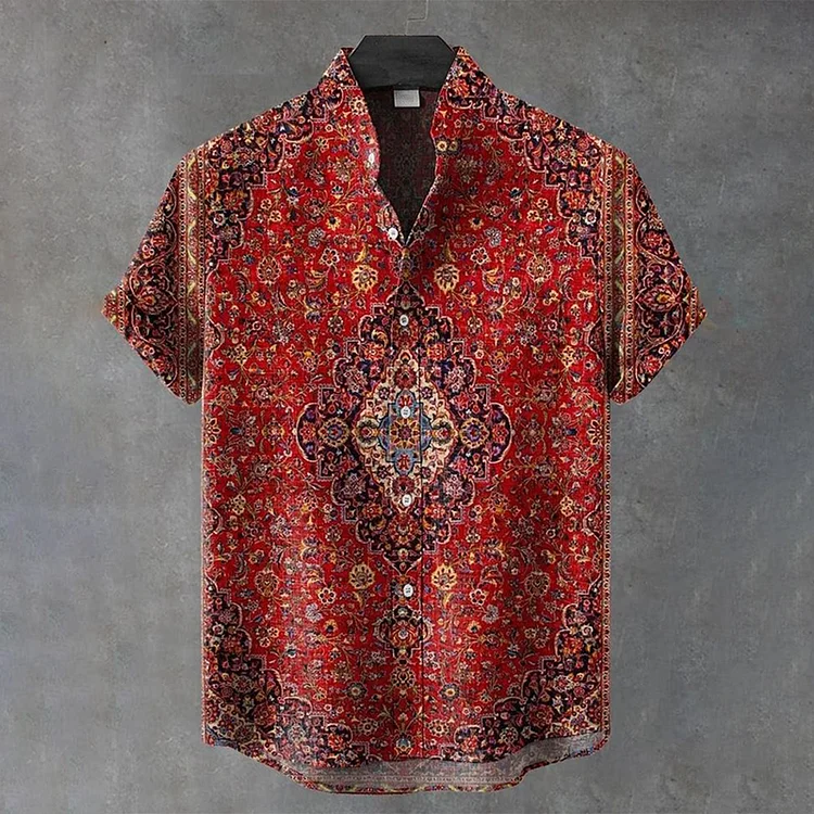 Simpfit Gemütliches Herrenhemd aus Nachahmung aus Nachahmung aus Baumwolle und Leinen im Vintage-Stil mit ethnischer Totem-Kunst