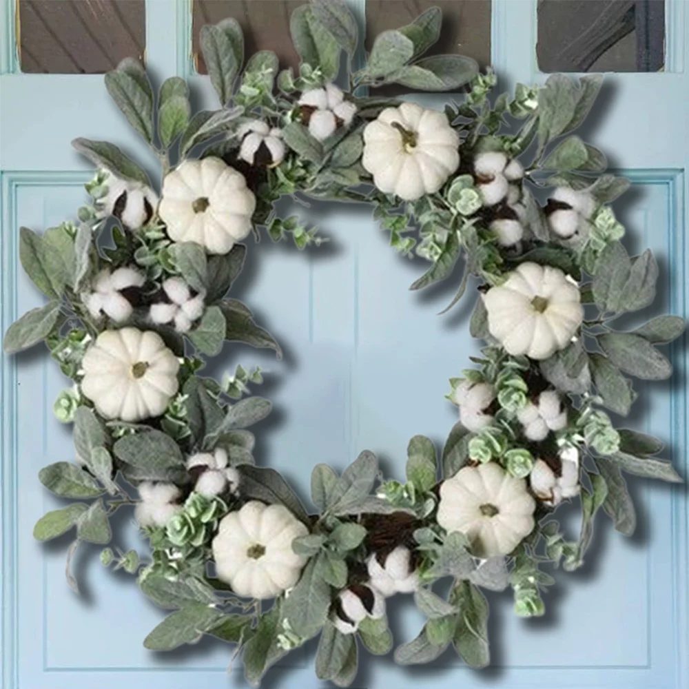 White Pumpkin Wreath Door Hanging Home Holiday Decorations