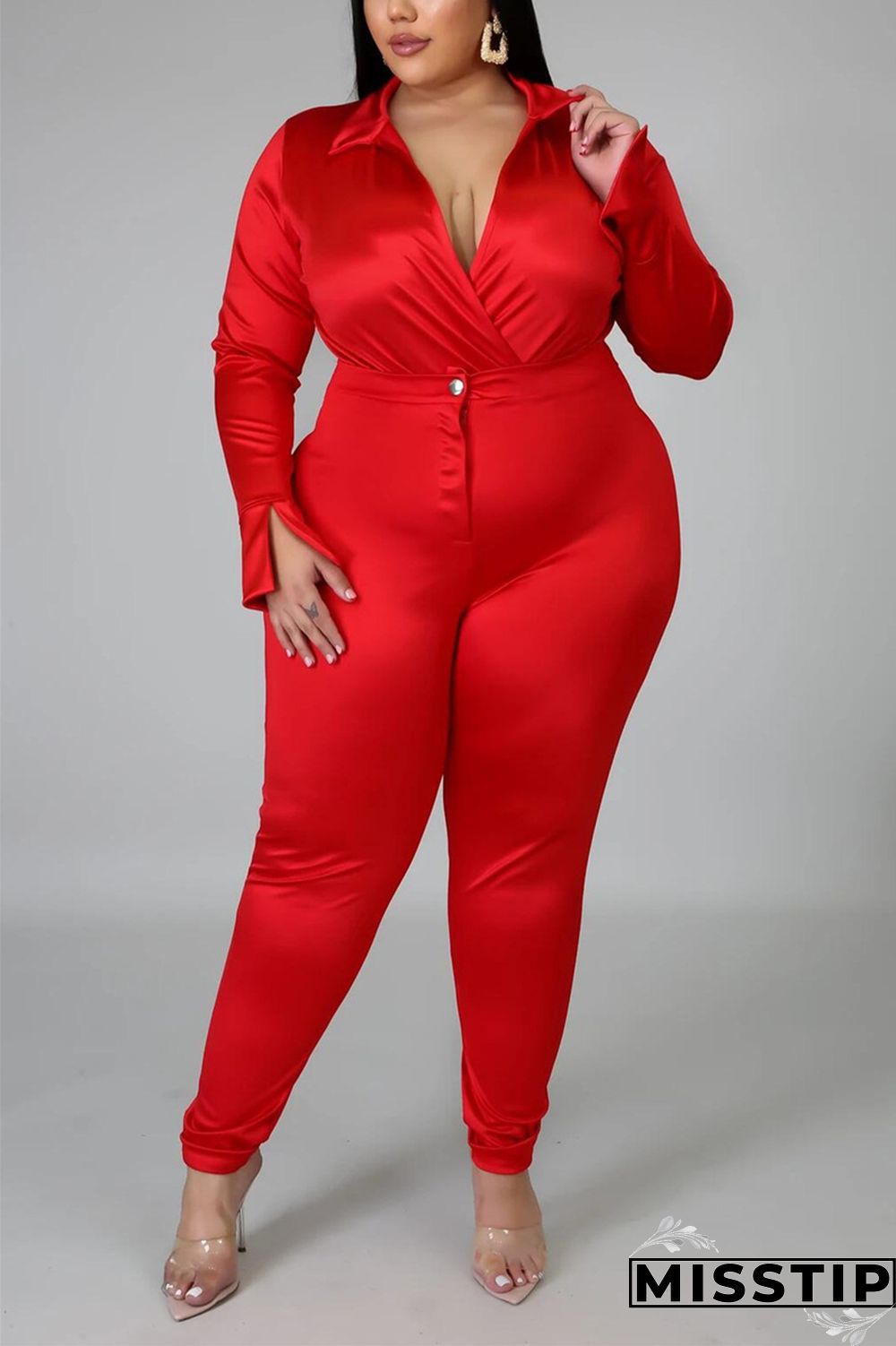 Blue Fashion Casual Solid Basic Turtleneck Plus Size Set