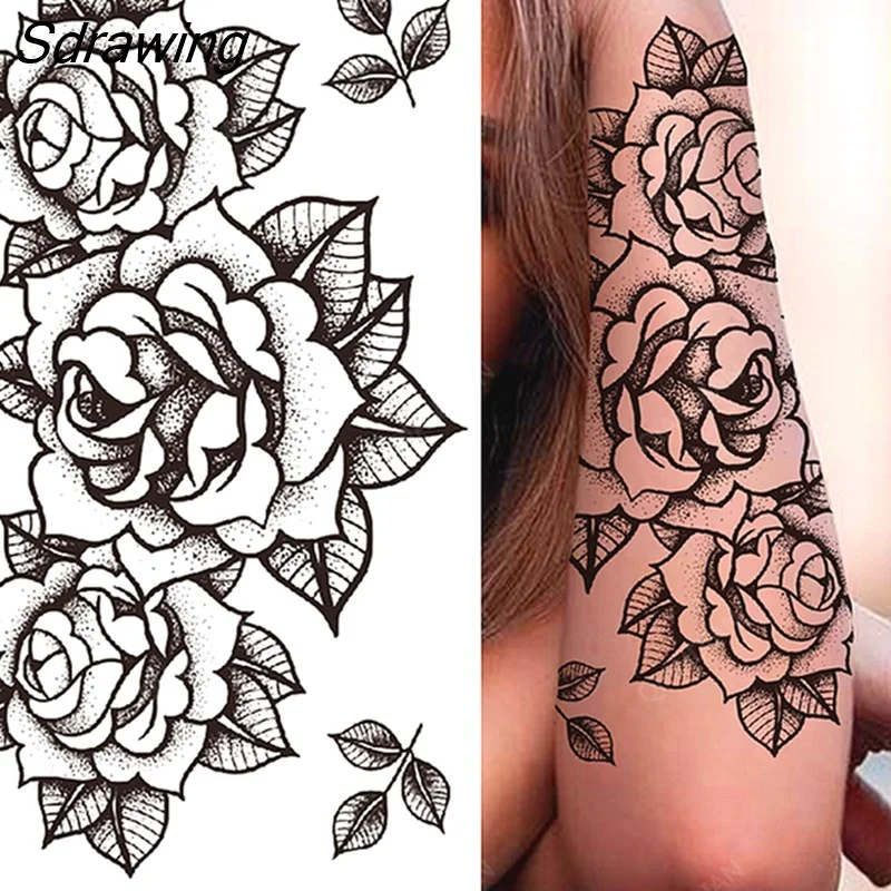 Sdrawing Wolf Flower Rose Bouquet Camellia Women Lady Waterproof Temporary Tattoos Fake Stickers Arm Forearm Cool Art Sexy Black