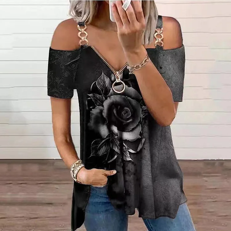 3D Rose Print V Neck Zip Off Shoulder T-Shirt