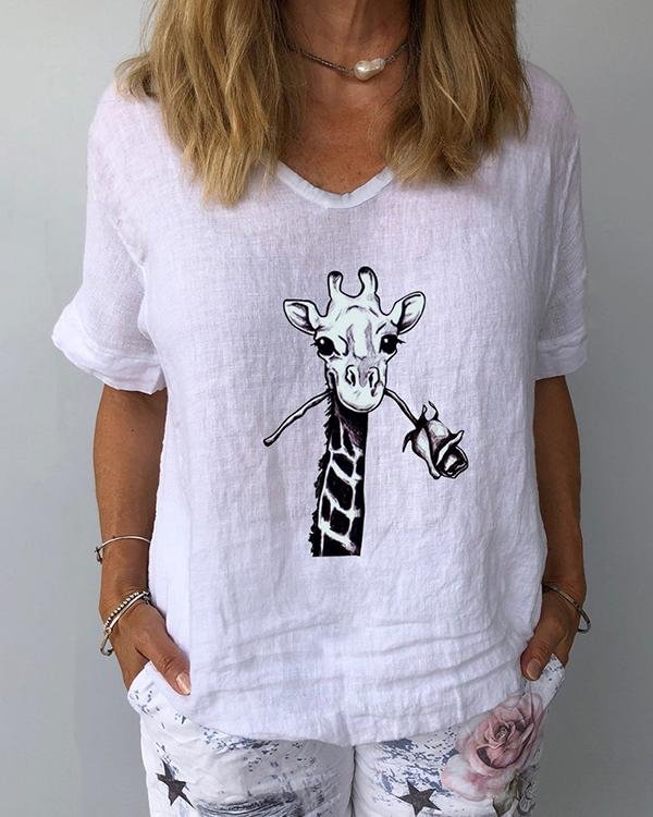 Animal Printed V-Neckline Half Sleeve Casual T-shirts