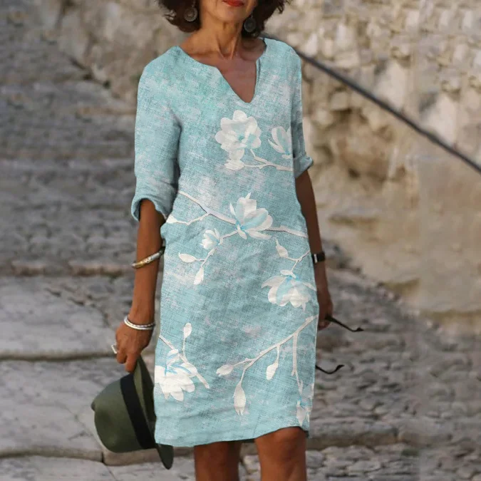 Women Vintage Floral Art Casual V Neck Midi Dress