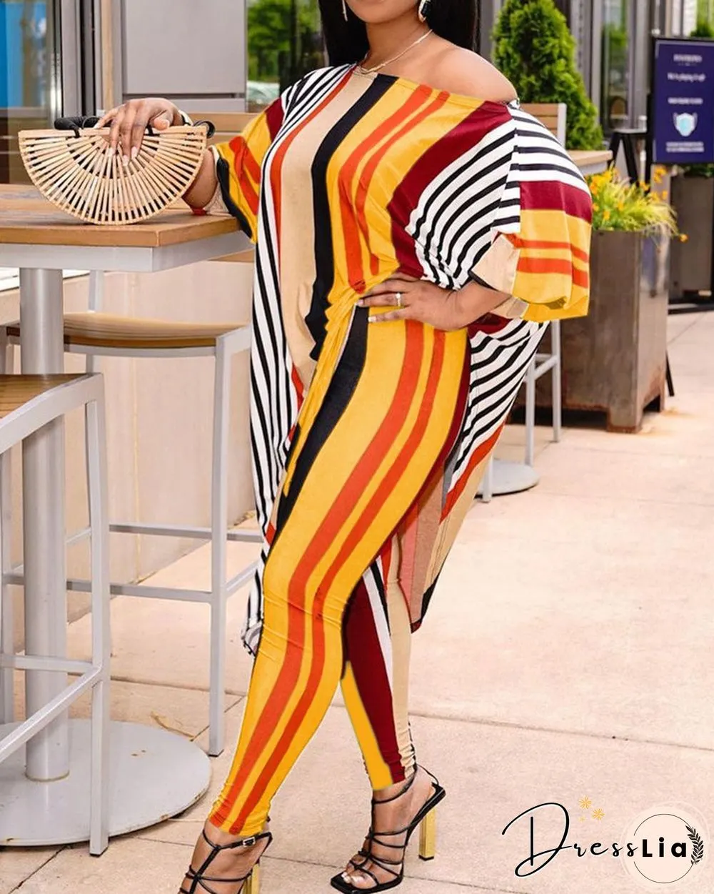 Color Block Striped Long Sleeve Blouse With Pants Suit Sets