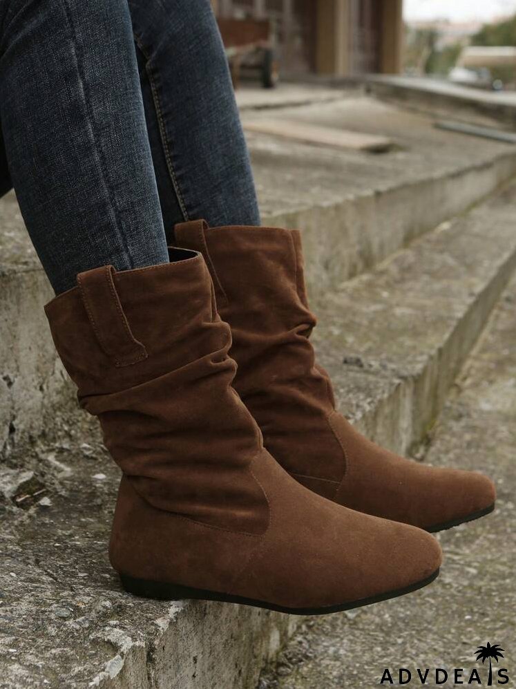 Faux Suede Stitch Detail Flatform Slouchy Boots