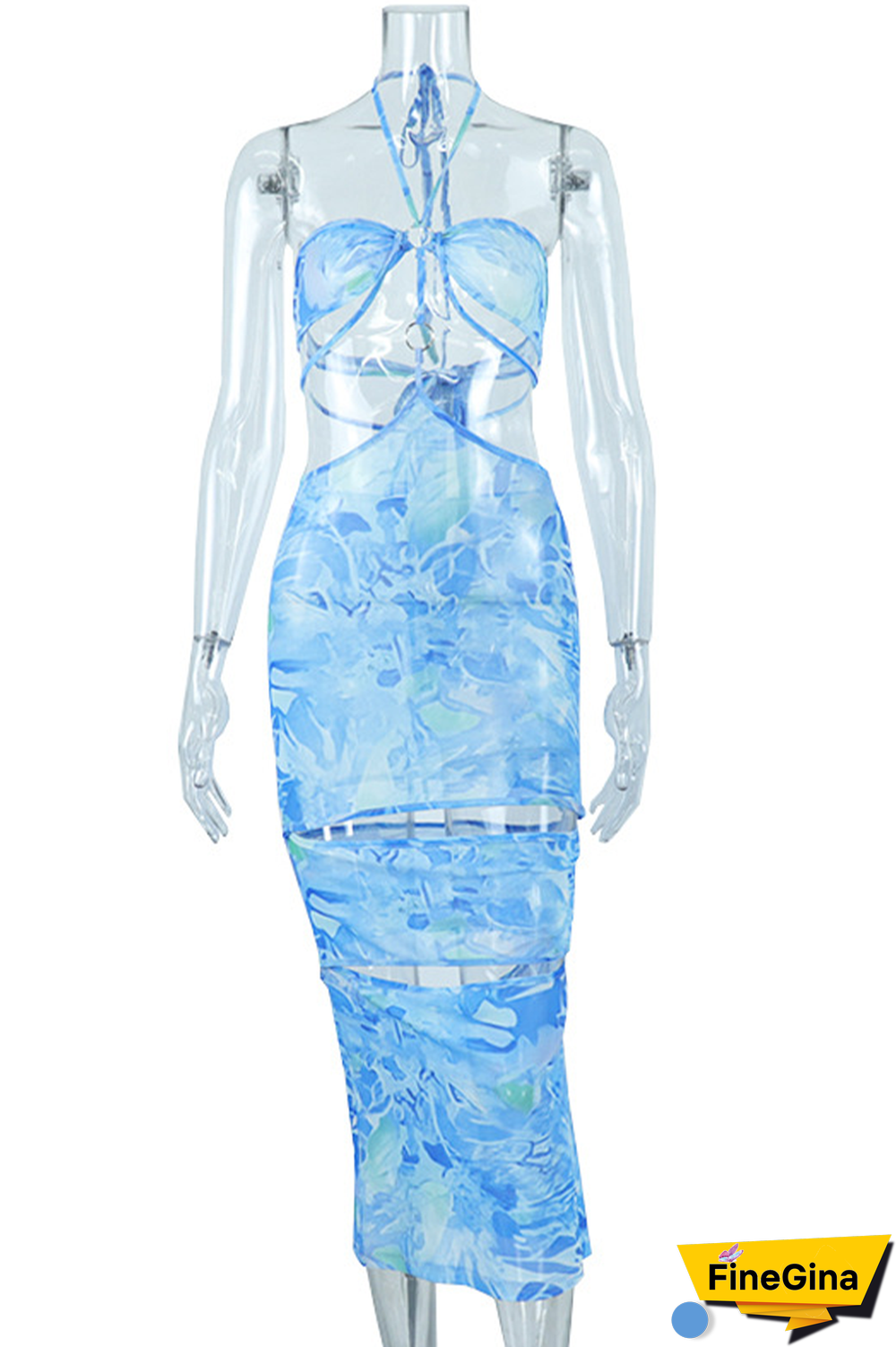 Sky Blue Sexy Print Hollowed Out Halter Pencil Skirt Dresses