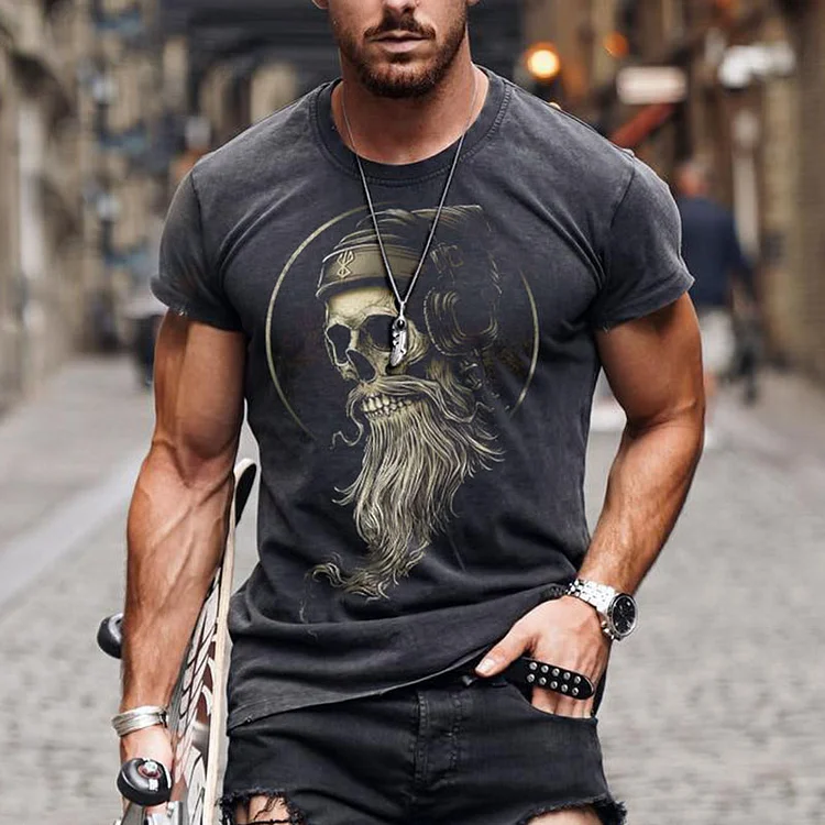 Wearshes Men's Casual Stretch Skull Short Sleeve T-Shirt