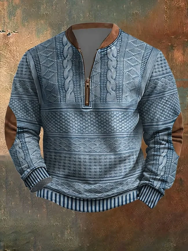 Men's Vintage Knit Print Zip-Up Sweatshirt