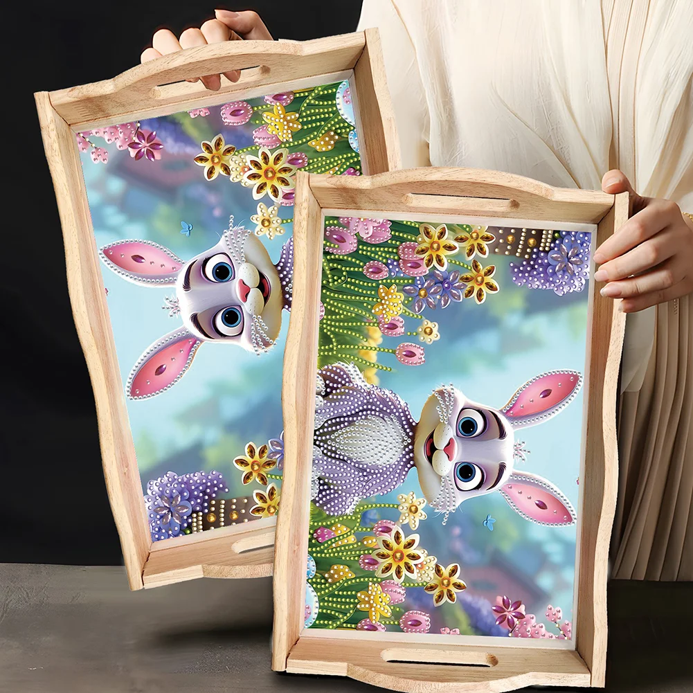 Wooden Garden Rabbit 5D DIY Diamond Painting Serving Tray for Home Decor