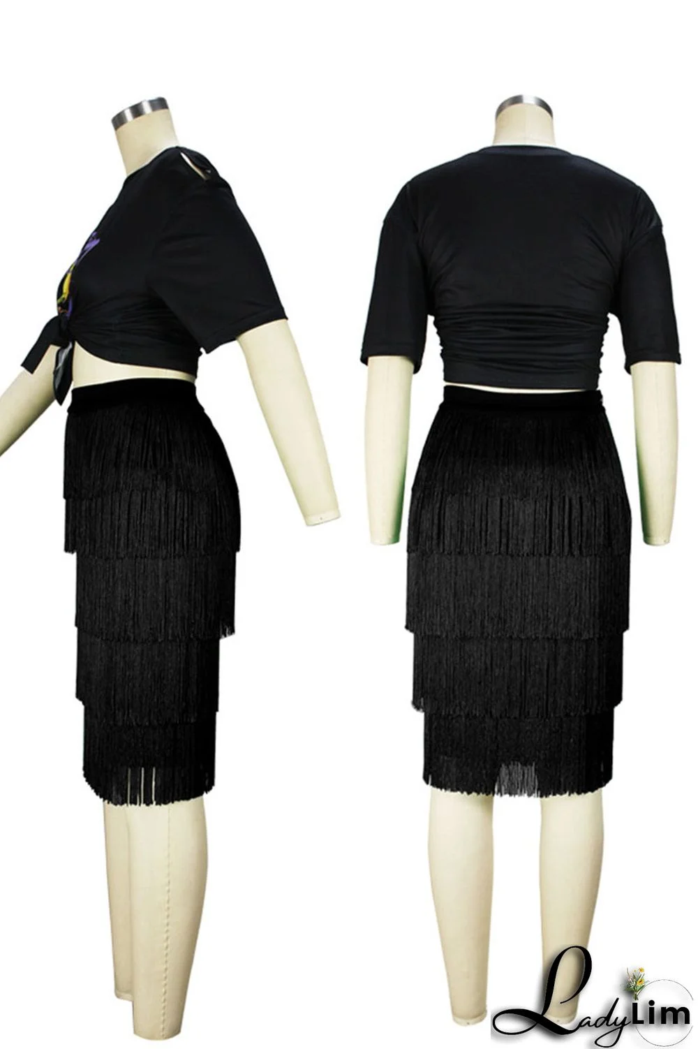 Black Casual Print Tassel Split Joint O Neck Plus Size Two Pieces