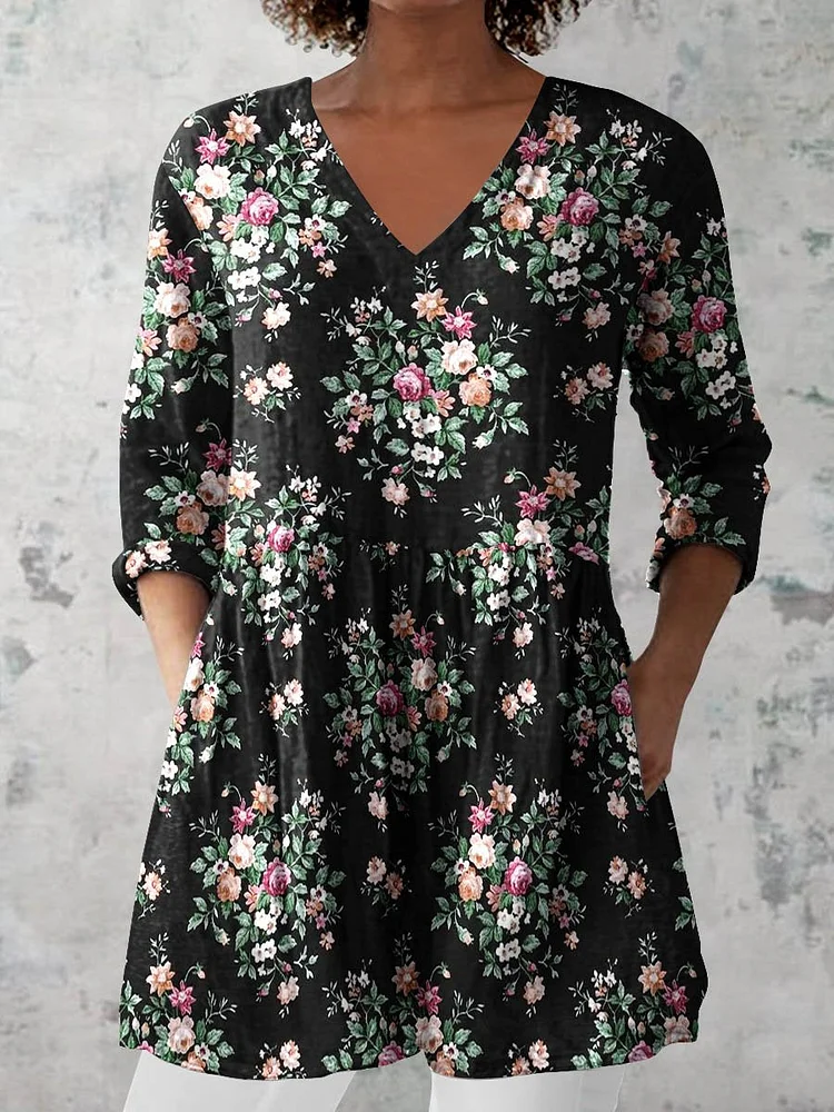 Women's Retro Floral Art Print Casual Cotton And Linen V-neck Top