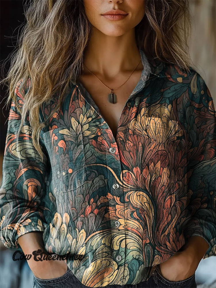 Women’s Vintage Botanical Flower Art Print Casual Long Sleeve Comfortable Cotton Shirt Multicolor