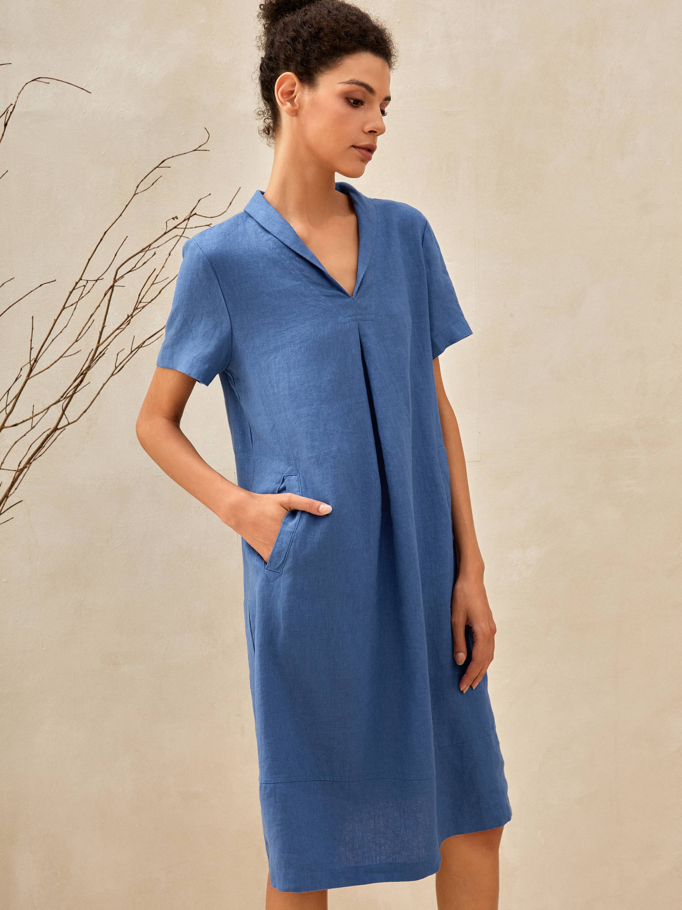 FineGina Cleo Linen Shawl V-Neck Midi Dress