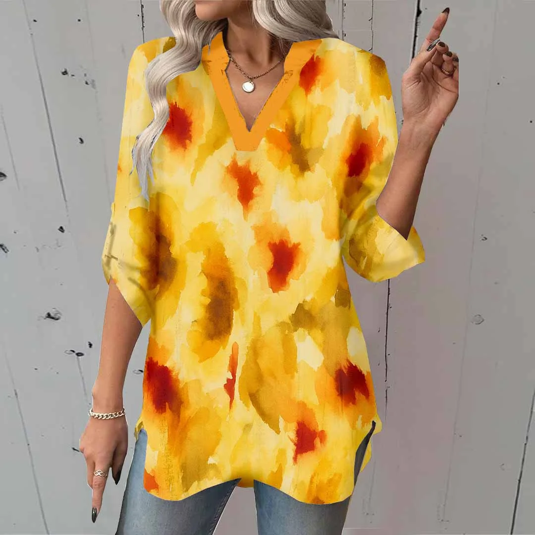 Women Artistic,Yellow,Red DZGA0254 3/4 Sleeve V-neck Printed Graphic Button Tops