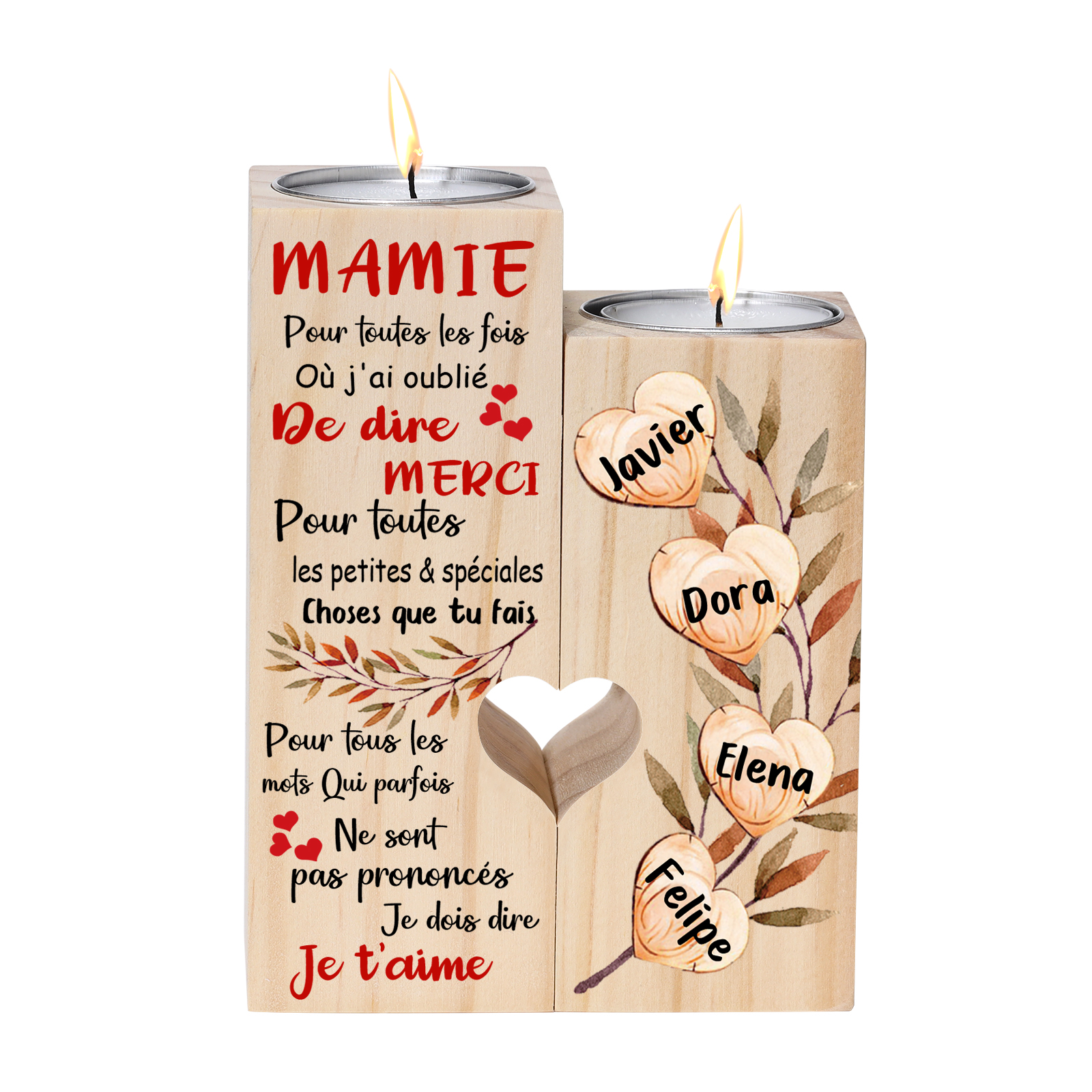 À Ma Mamie - Bougeoir en Bois 4 Prénoms Personnalisés sans bougie