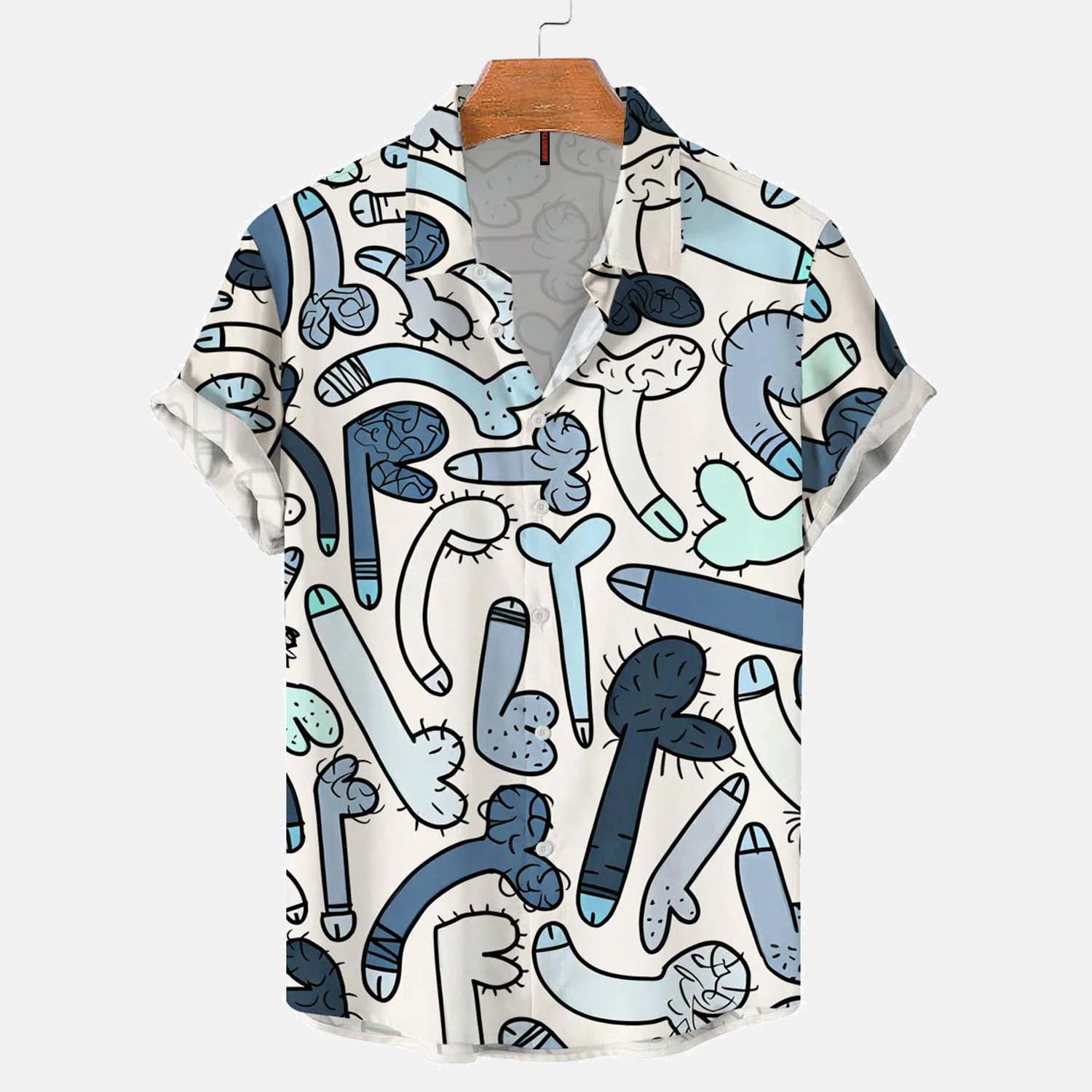 PeachBruh Men's Colored In Cock Doodles Print Casual Short Sleeve Shirt