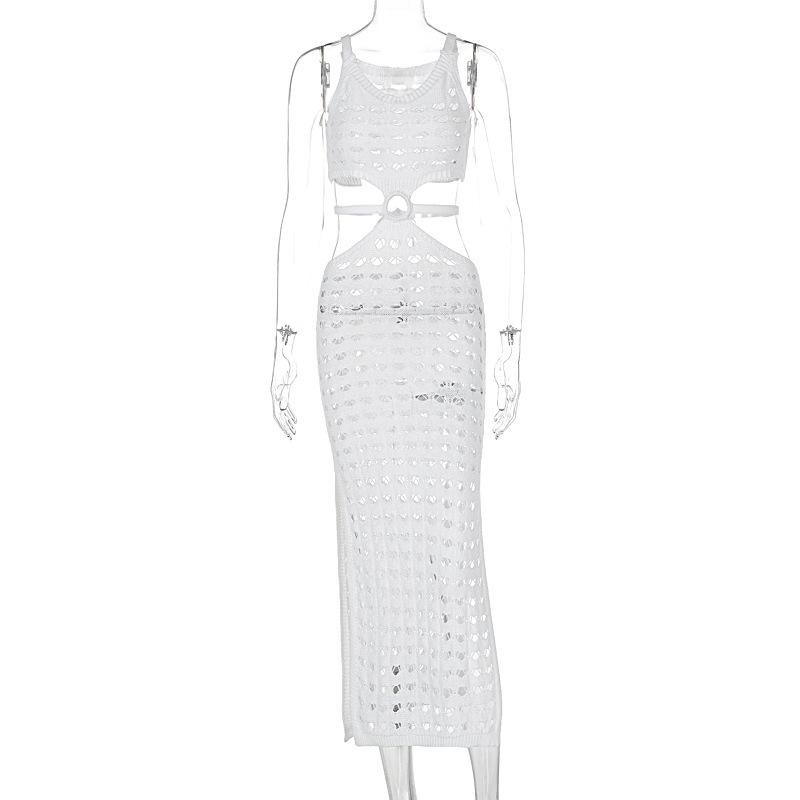Ootddress Sexy Hollow Out Women Knit Maxi Dress High Waist Cut Out Mesh Sheer Elegant Sleeveless Hem silt Beach Party Dress Femme